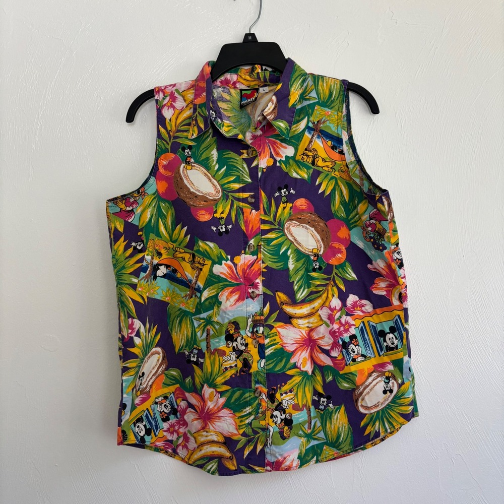 VTG Disney Mickey Unlimited Jerry Leigh Tropical Button up Shirt Top Size Large
